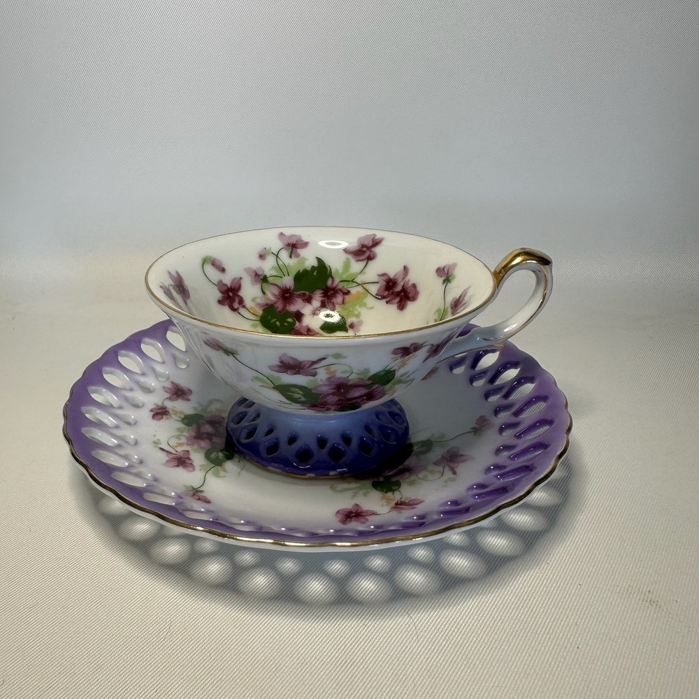 Vintage Saji Japan Sweet Violet Pedestal and Teacup Saucer Set Fancy China